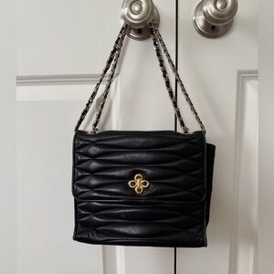 Black Leather Crossbody Purse with Gold Chain Strap and Detailing